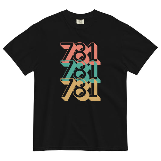 black tshirt with three 781s in red green and yellow