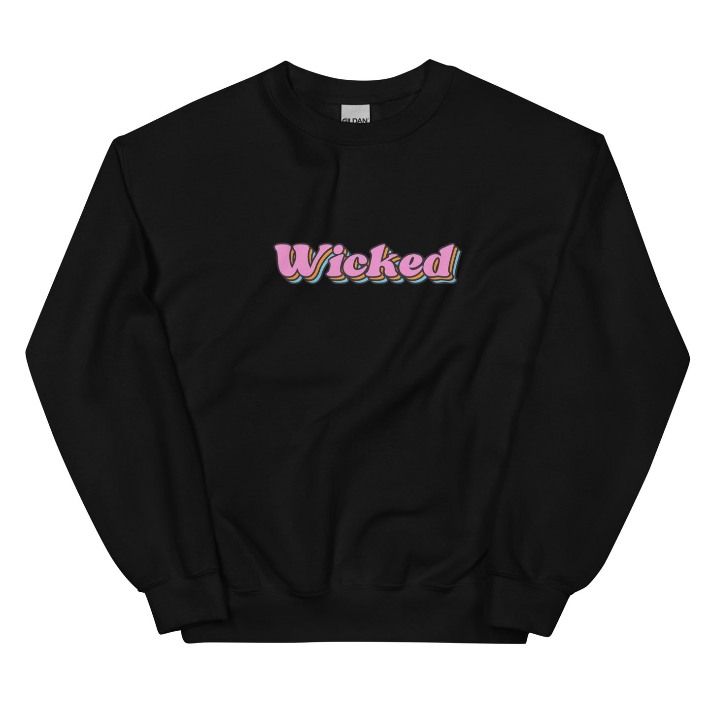 black crewneck that says "wicked" in pink lettering