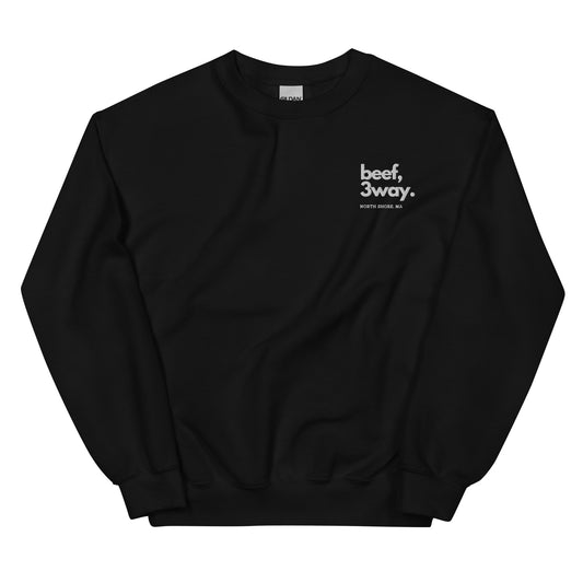 black crewneck that says "beef, 3way north shore ma" in white lettering