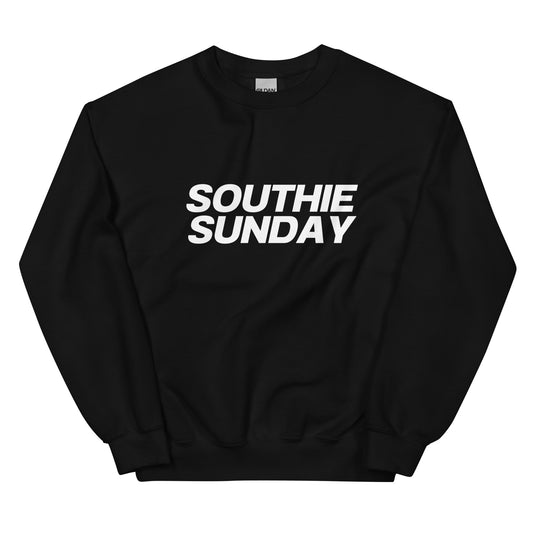 black crewneck that says "southie sunday" in white lettering