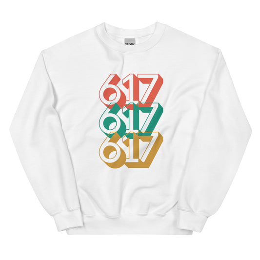 white crewneck with three 617s in red green and yellow