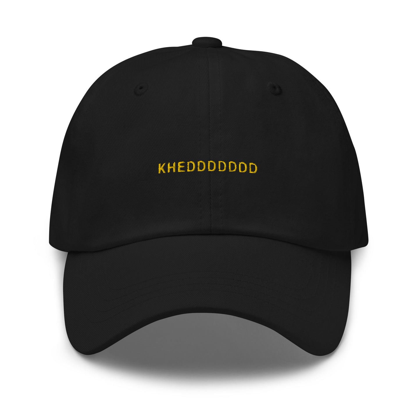 black hat that says "khedddddd" in gold lettering