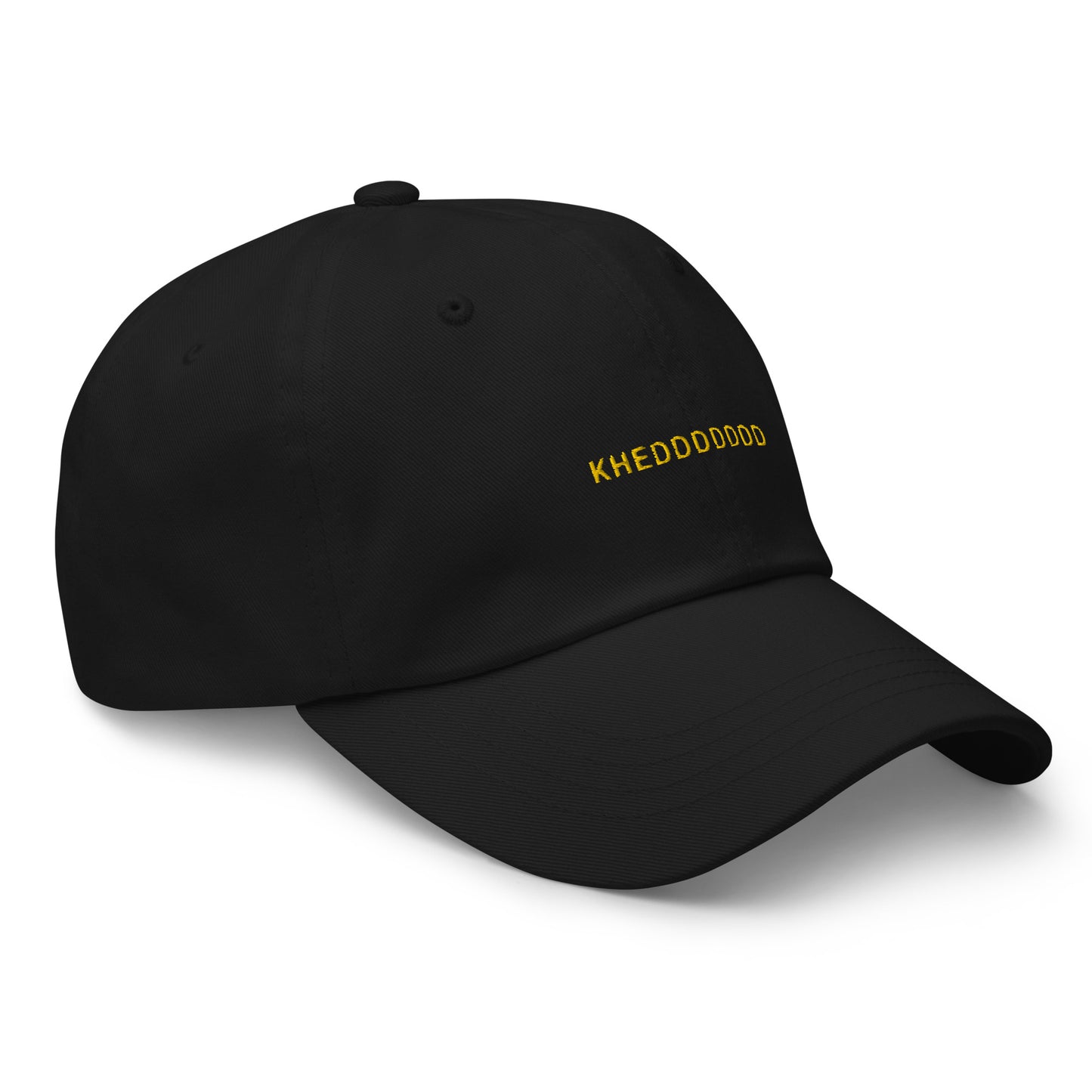 black hat that says "khedddddd" in gold lettering