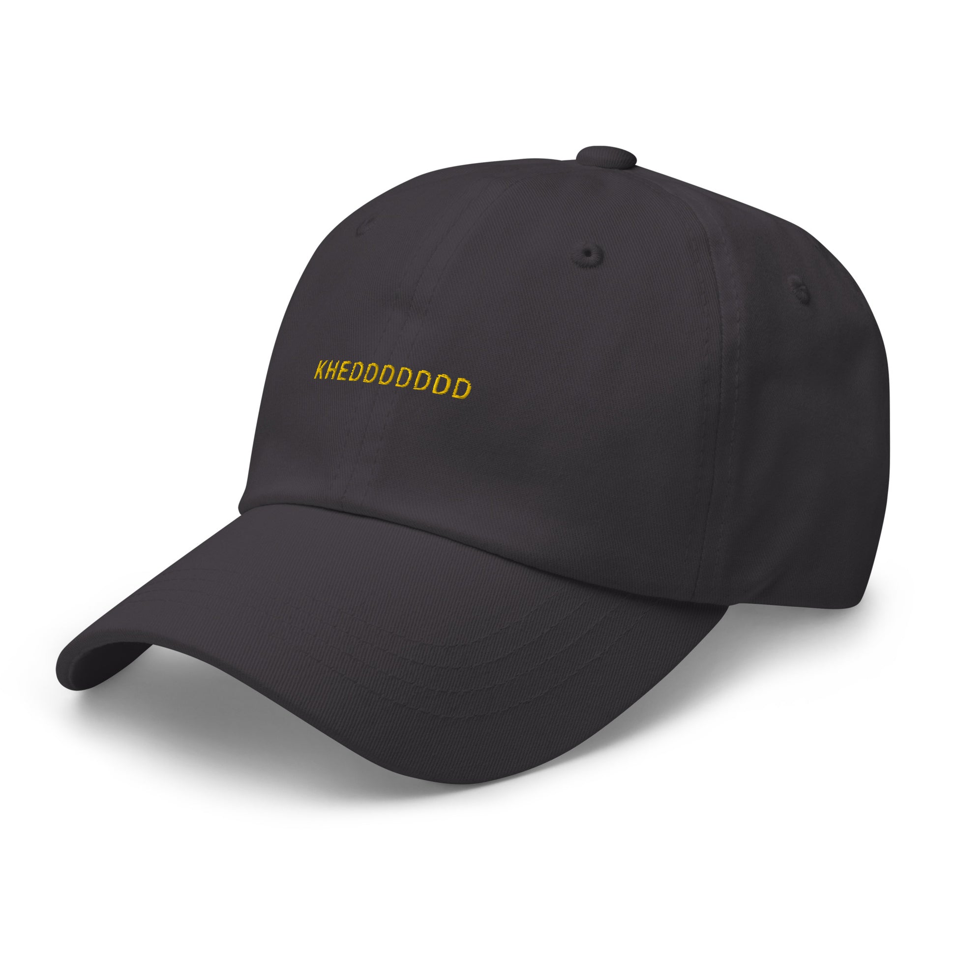 grey hat that says "khedddddd" in gold lettering