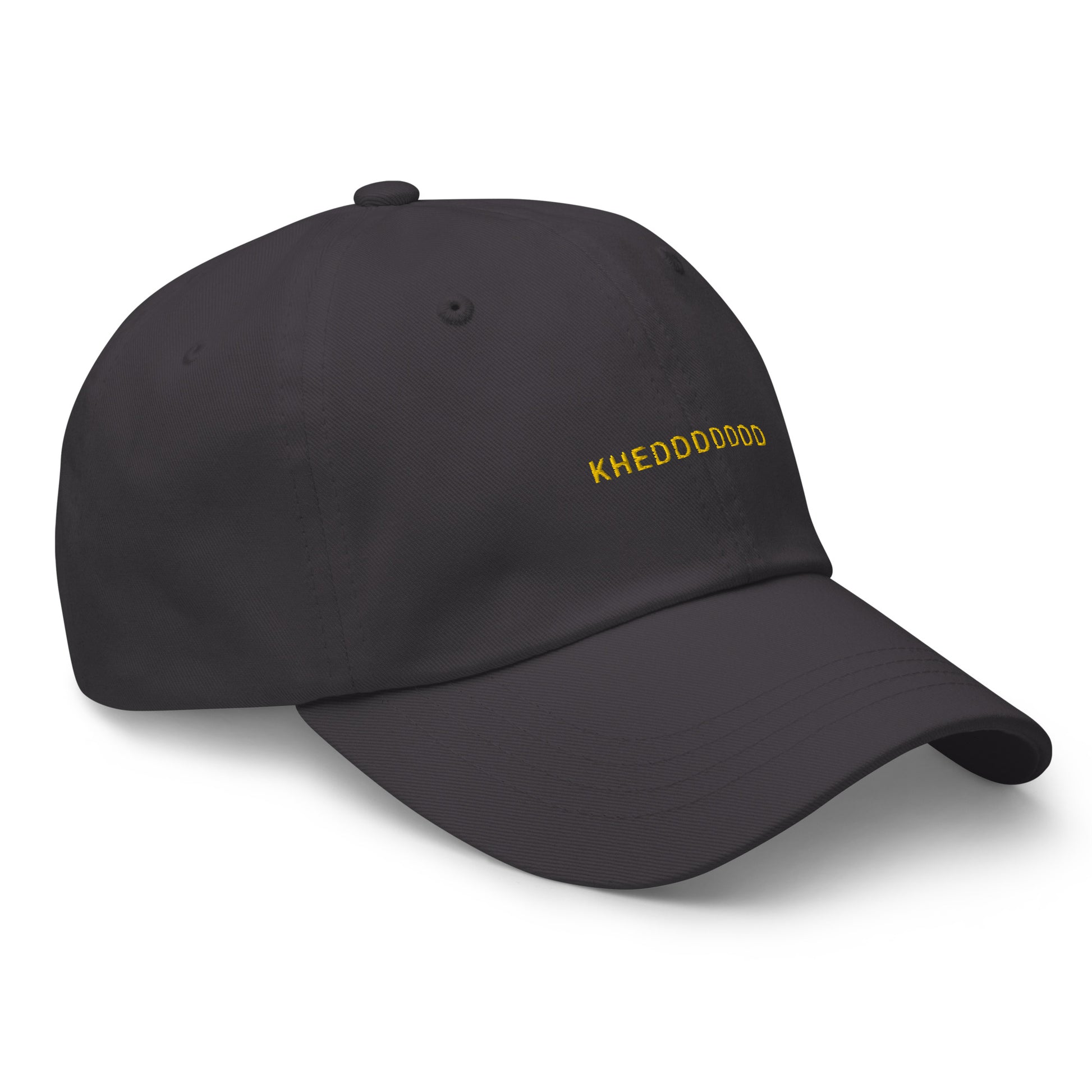 grey hat that says "khedddddd" in gold lettering