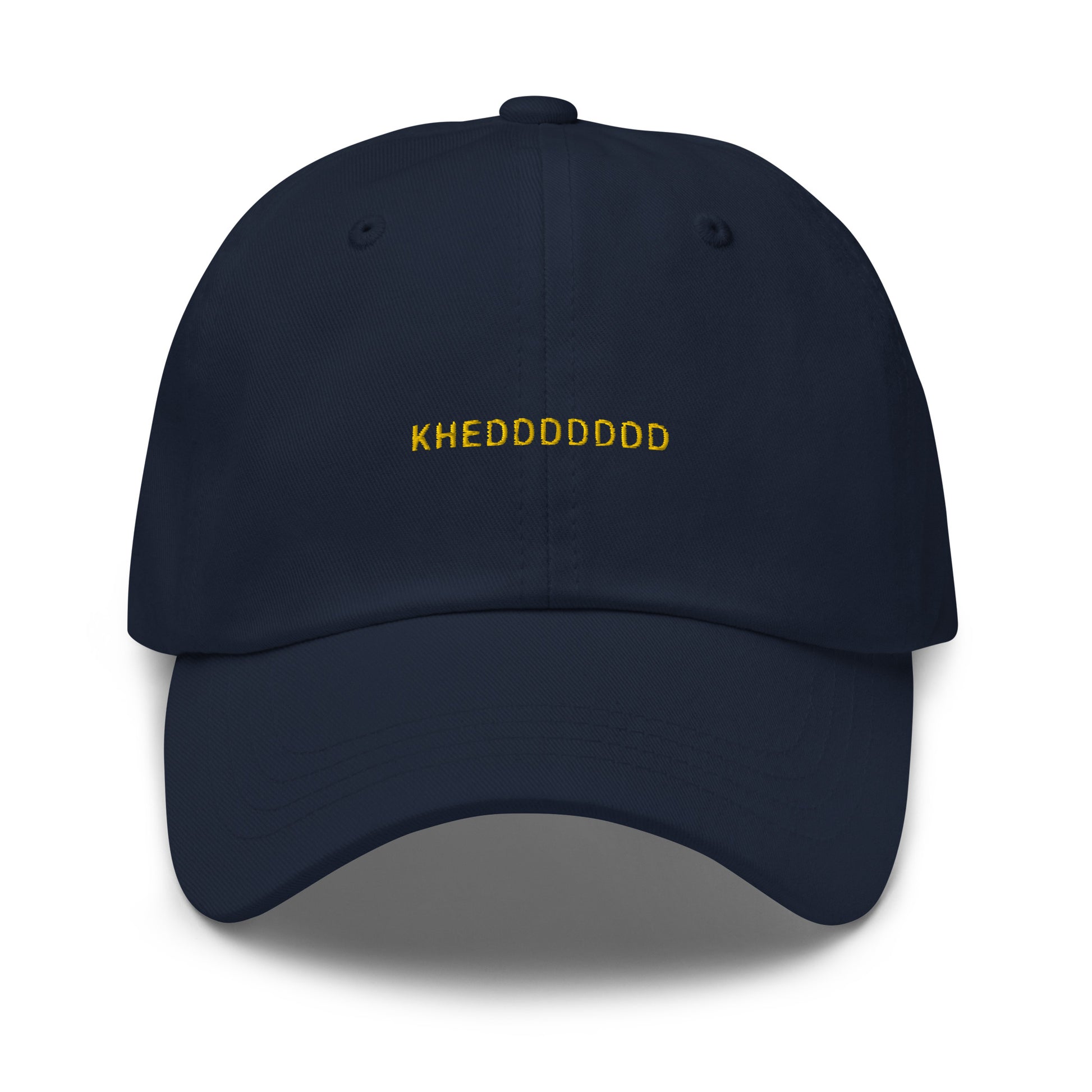 navy hat that says "khedddddd" in gold lettering