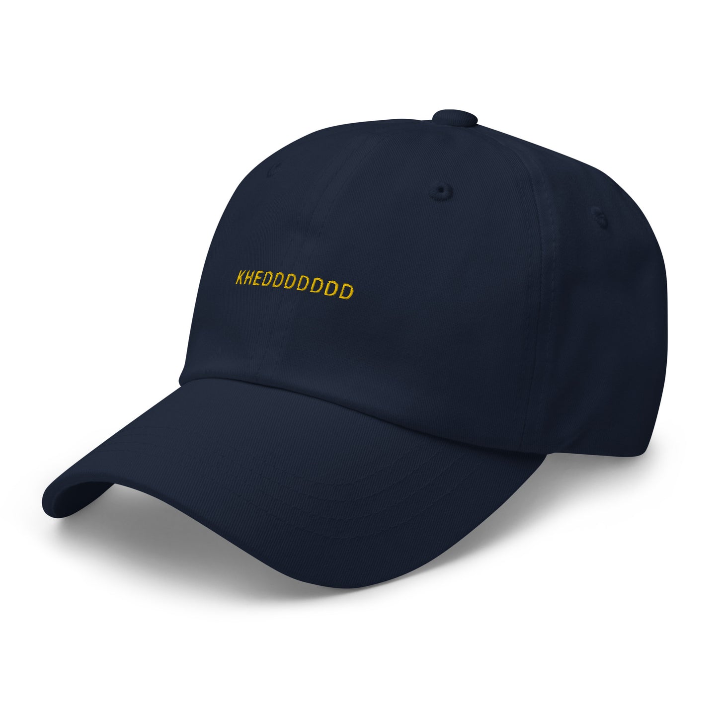 navy hat that says "khedddddd" in gold lettering