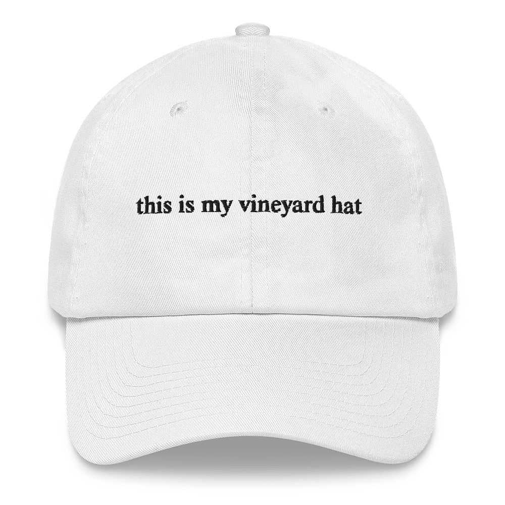 white baseball hat that says "this is my vineyard hat" in black embroidery