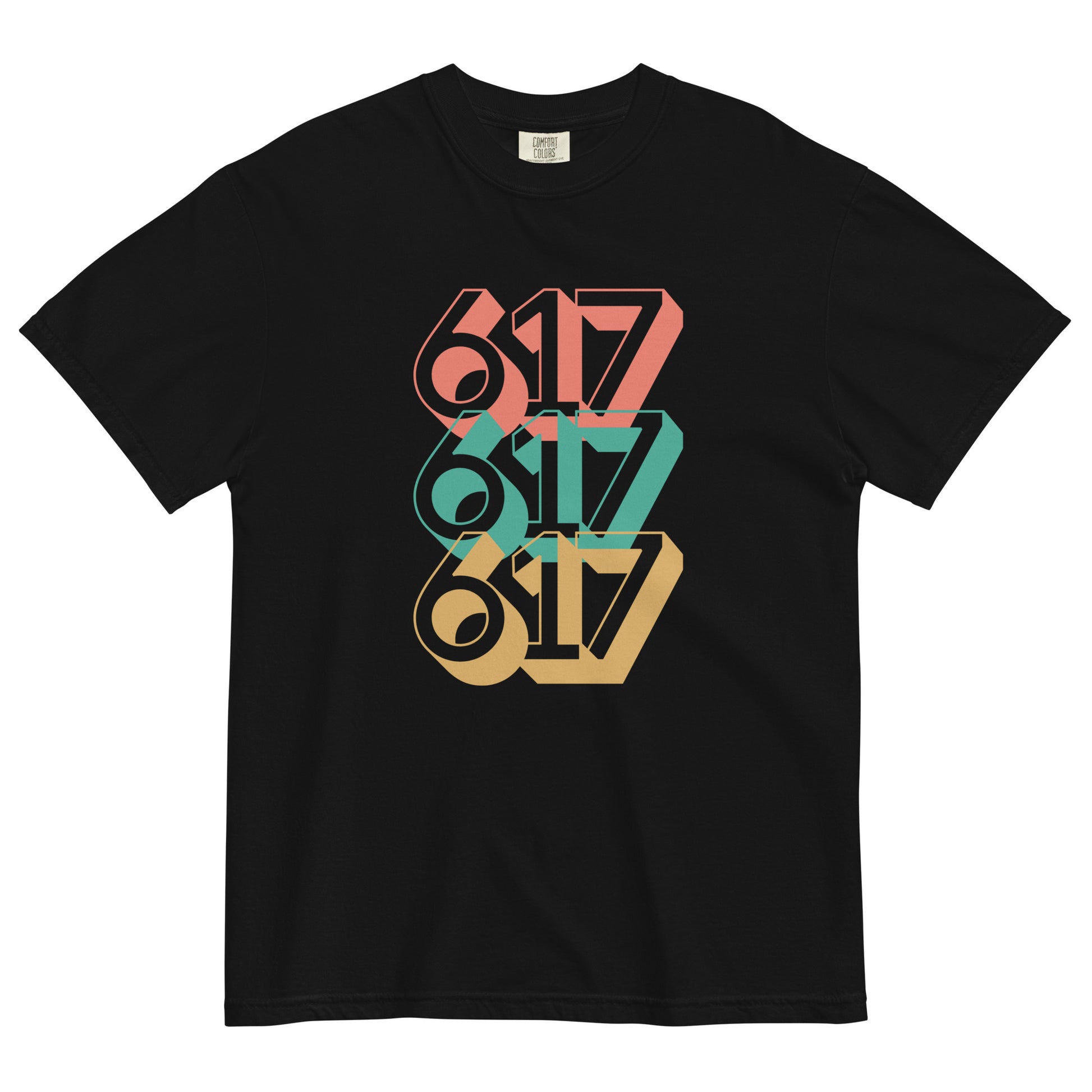 black tshirt with three 617s in red green and yellow