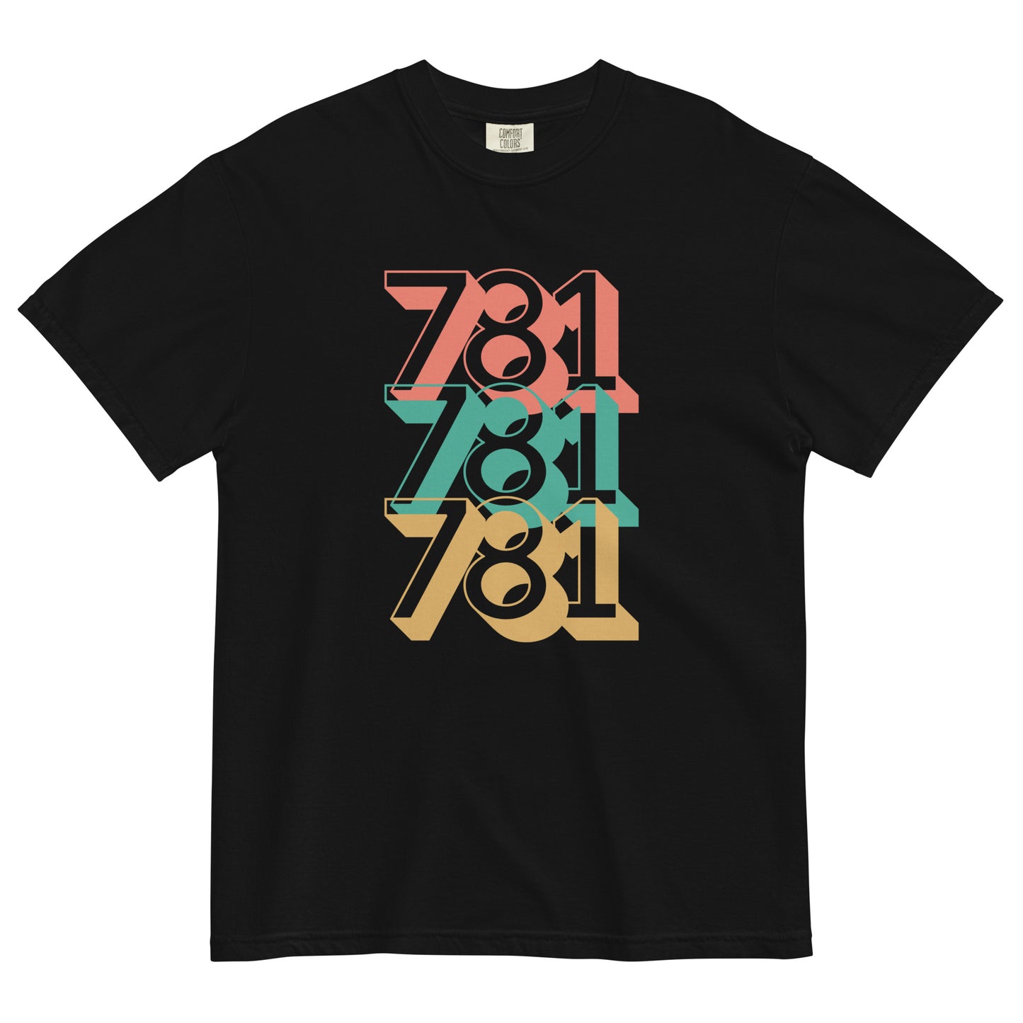 black tshirt with three 781s in red green and yellow