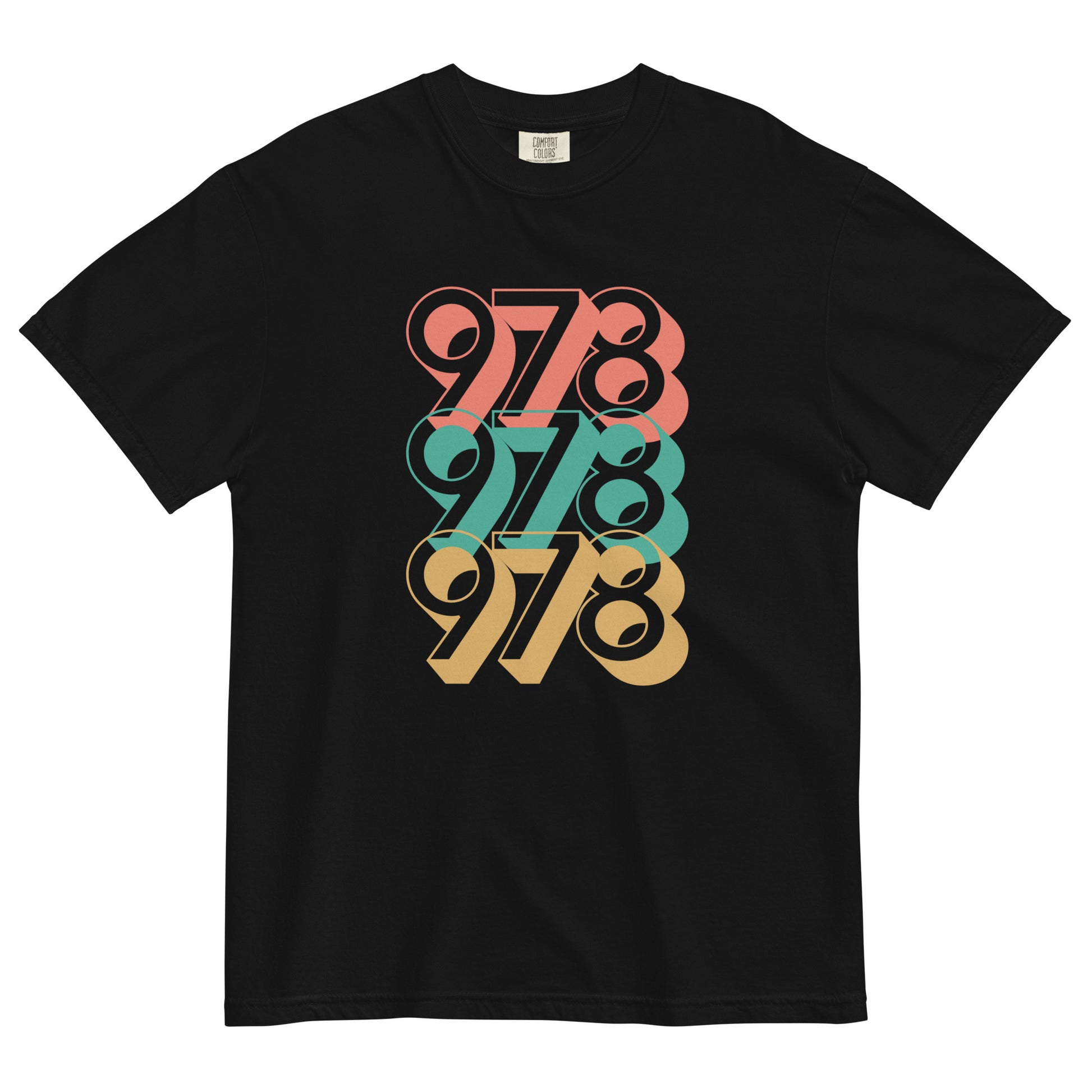 black tshirt with three 978s in red green and yellow