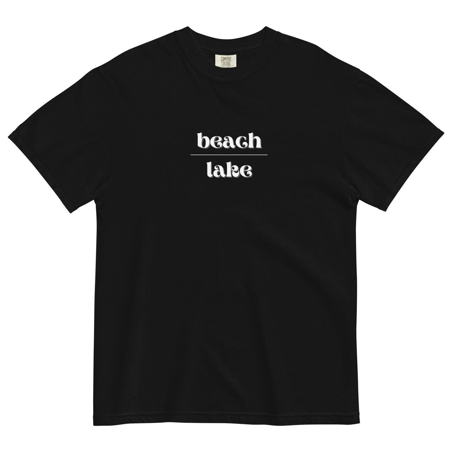 black tshirt that says "beach over lake" in white letters