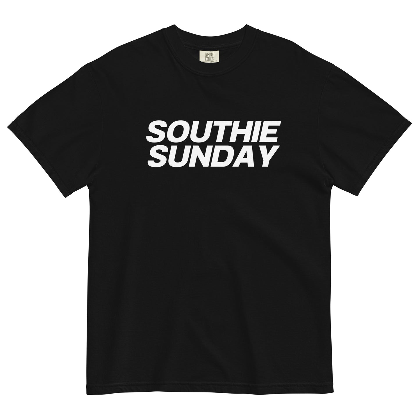 black tshirt that says "southie sunday" in white lettering