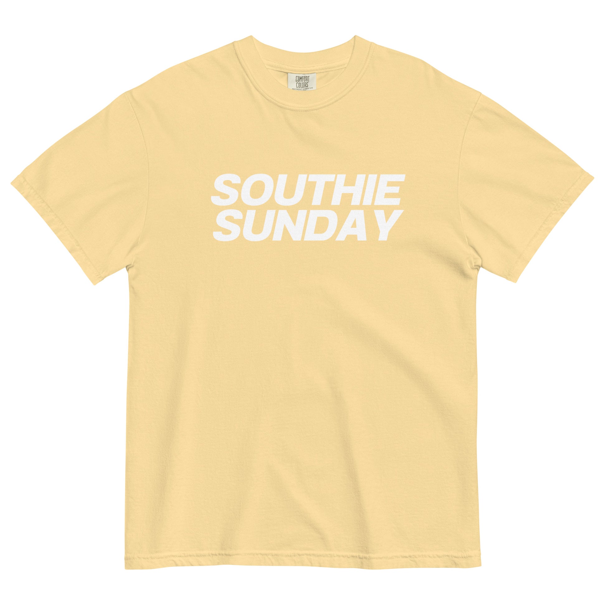 yellow tshirt that says "southie sunday" in white lettering
