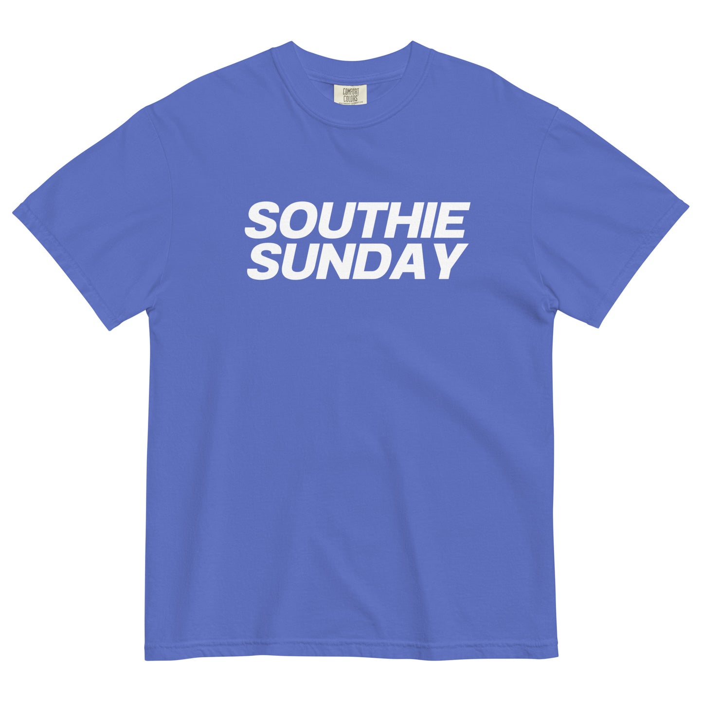 blue tshirt that says "southie sunday" in white lettering