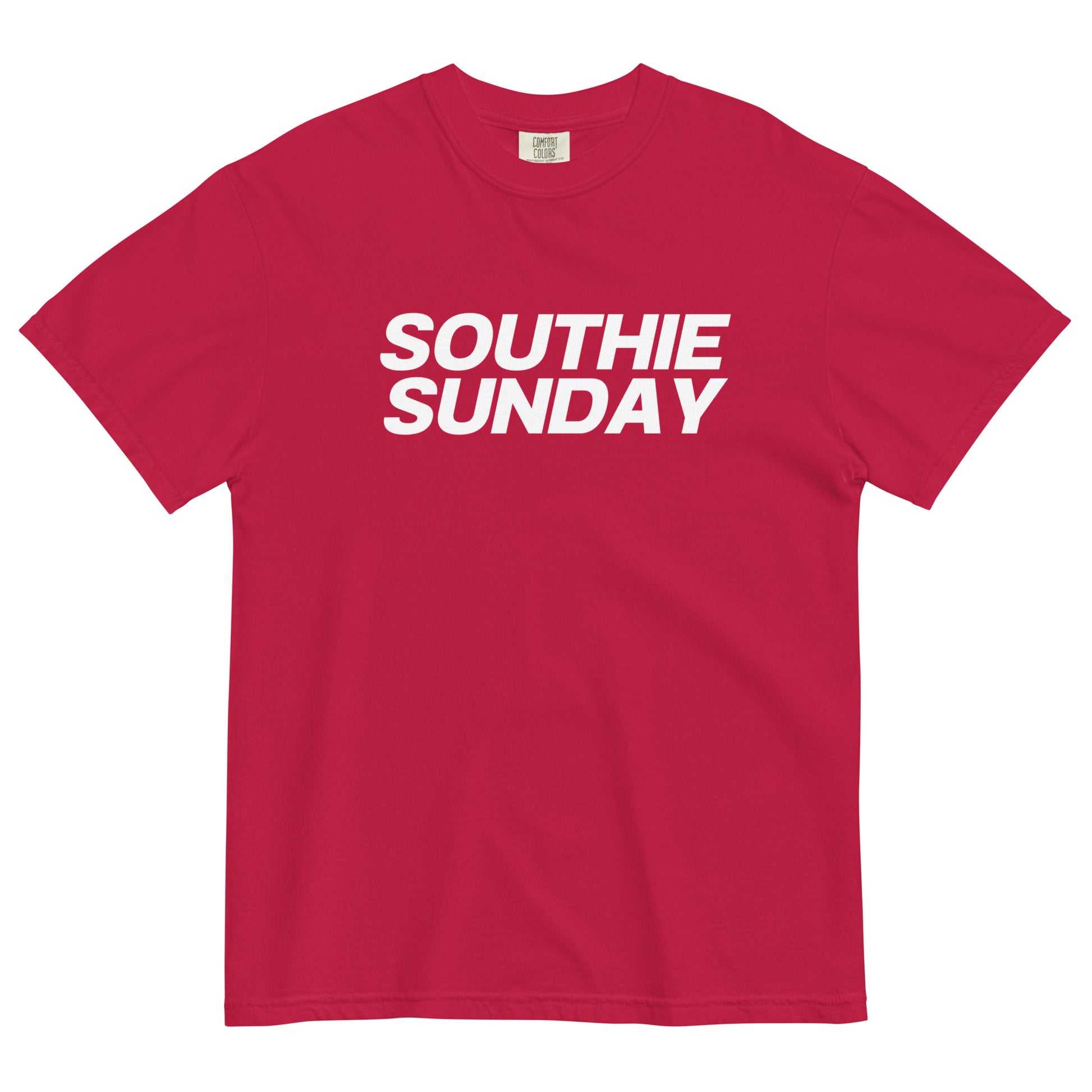 red tshirt that says "southie sunday" in white lettering