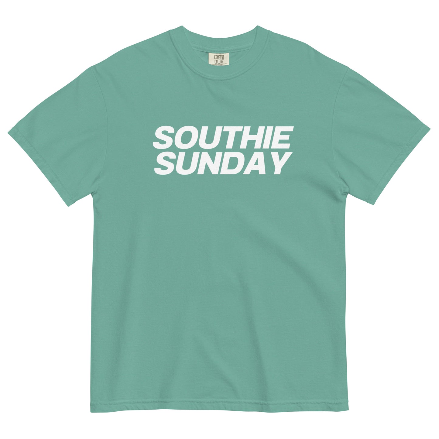 seafoam green tshirt that says "southie sunday" in white lettering