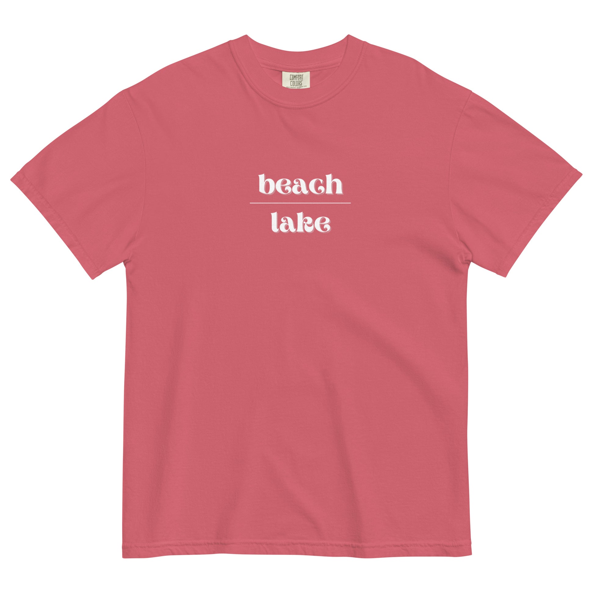 light red tshirt that says "beach over lake" in white letters