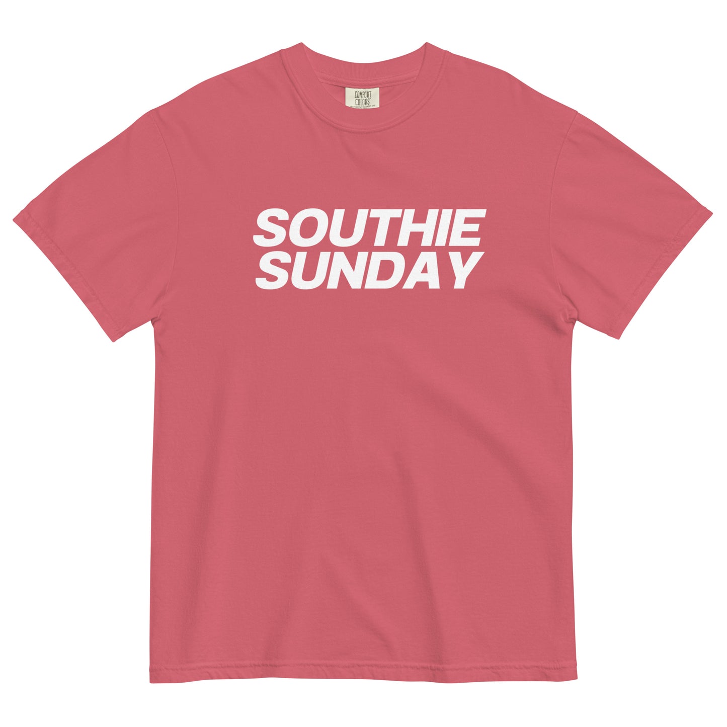 light red tshirt that says "southie sunday" in white lettering