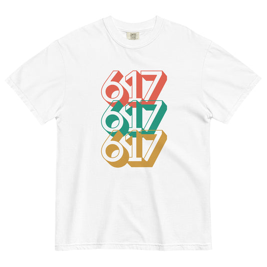 white tshirt with three 617s in red green and yellow