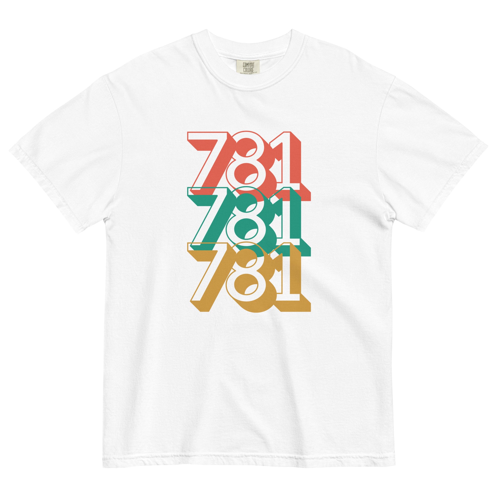 white tshirt with three 781s in red green and yellow