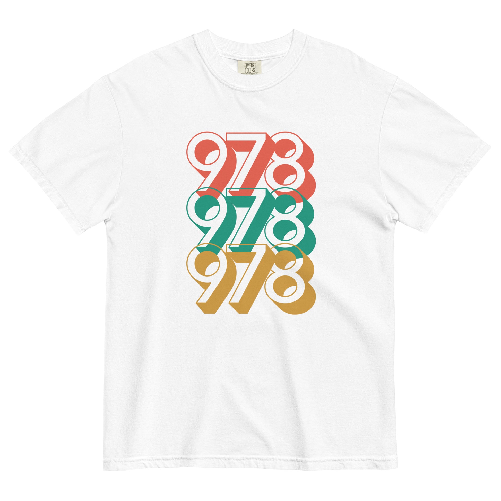 white tshirt with three 978s in red green and yellow