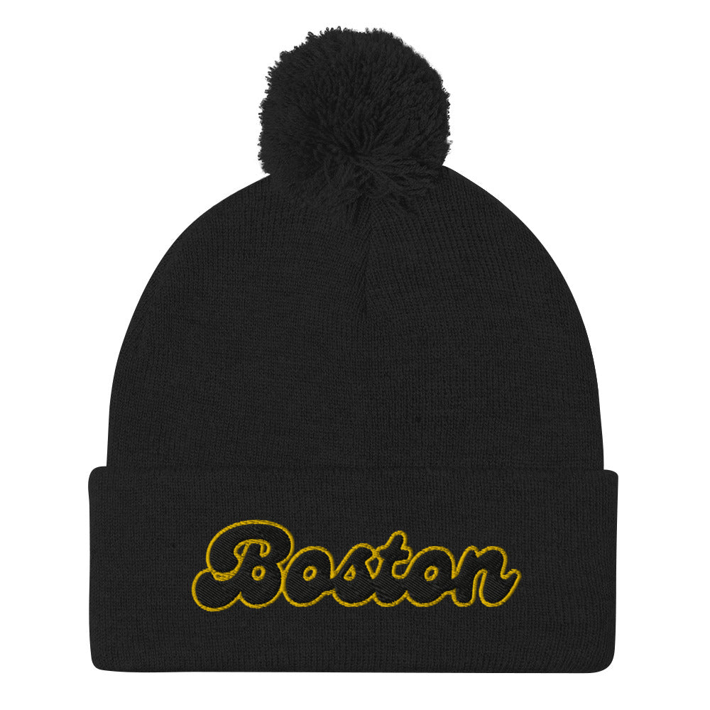 Retro Black and Gold Boston Pom-Pom Beanie