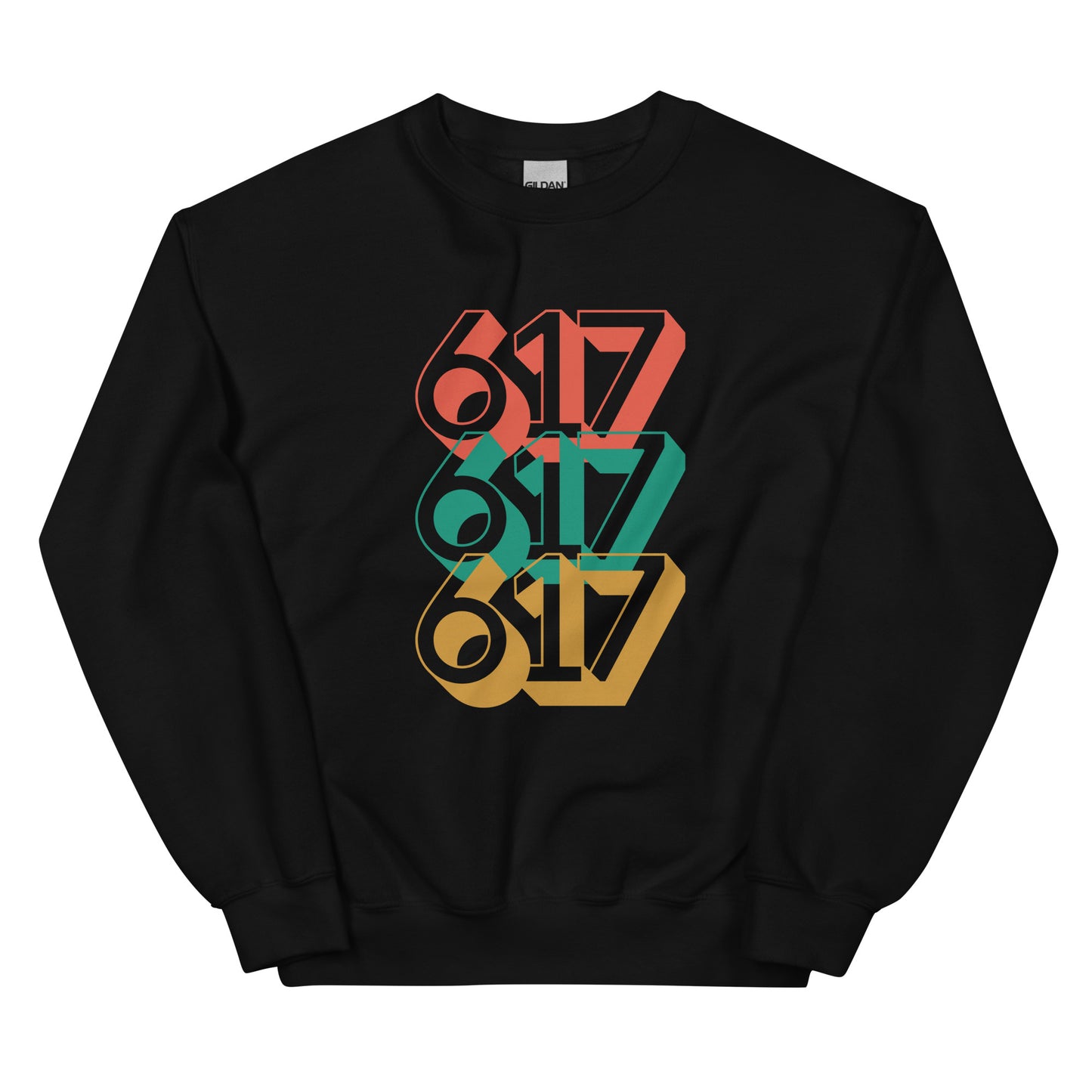 black crewneck with three 617s in red green and yellow