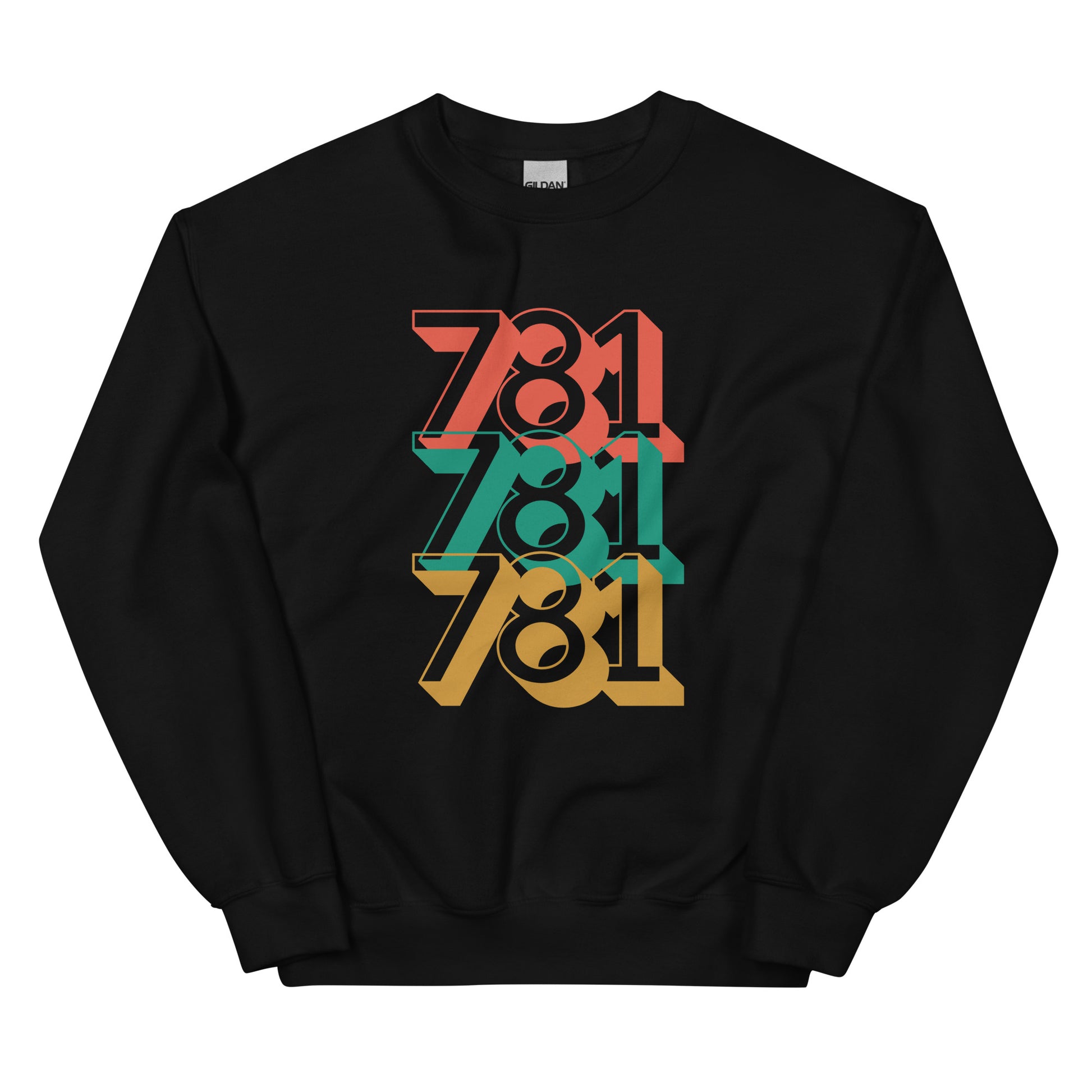 black crewneck with three 781s in red green and yellow