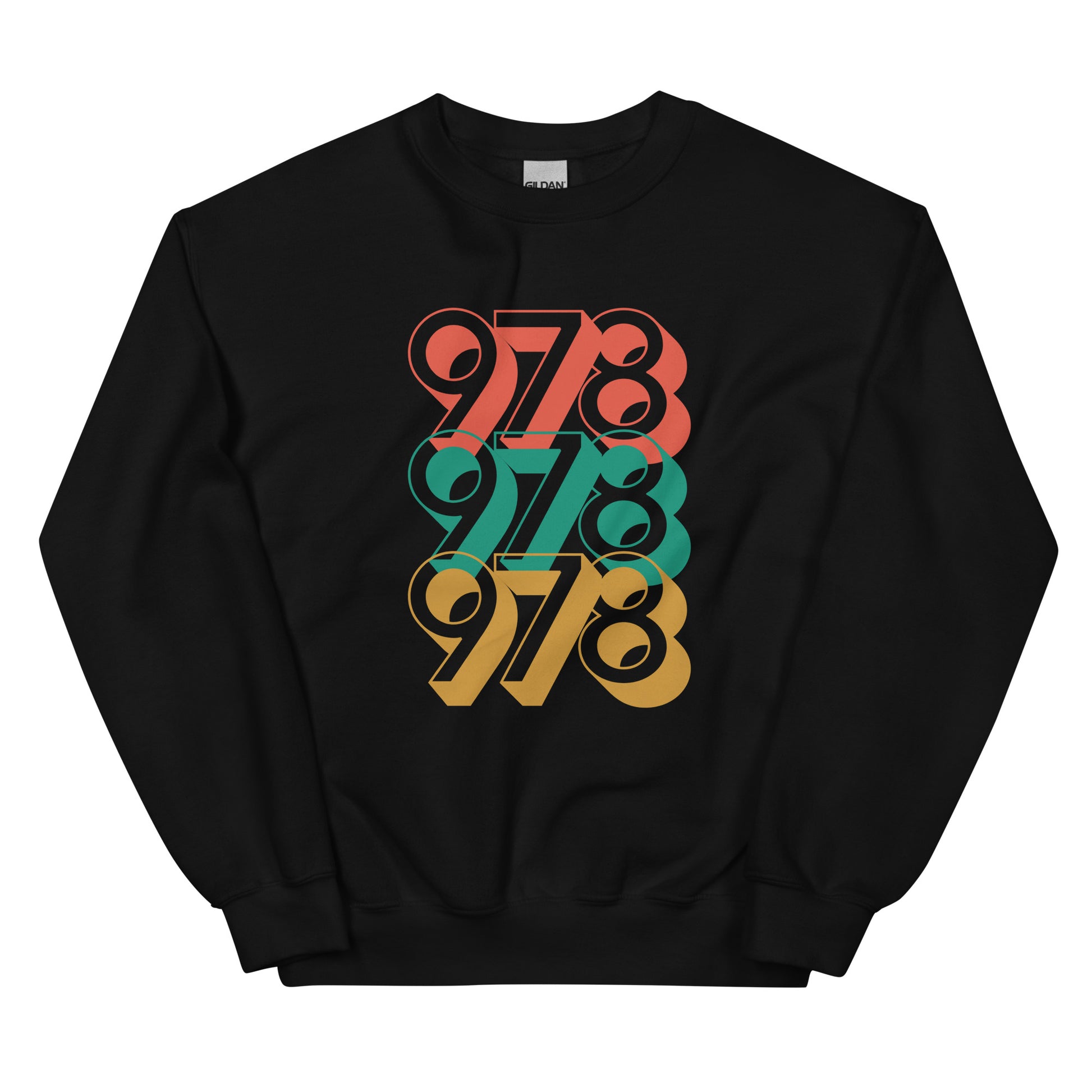 black crewneck with three 978s in red green and yellow
