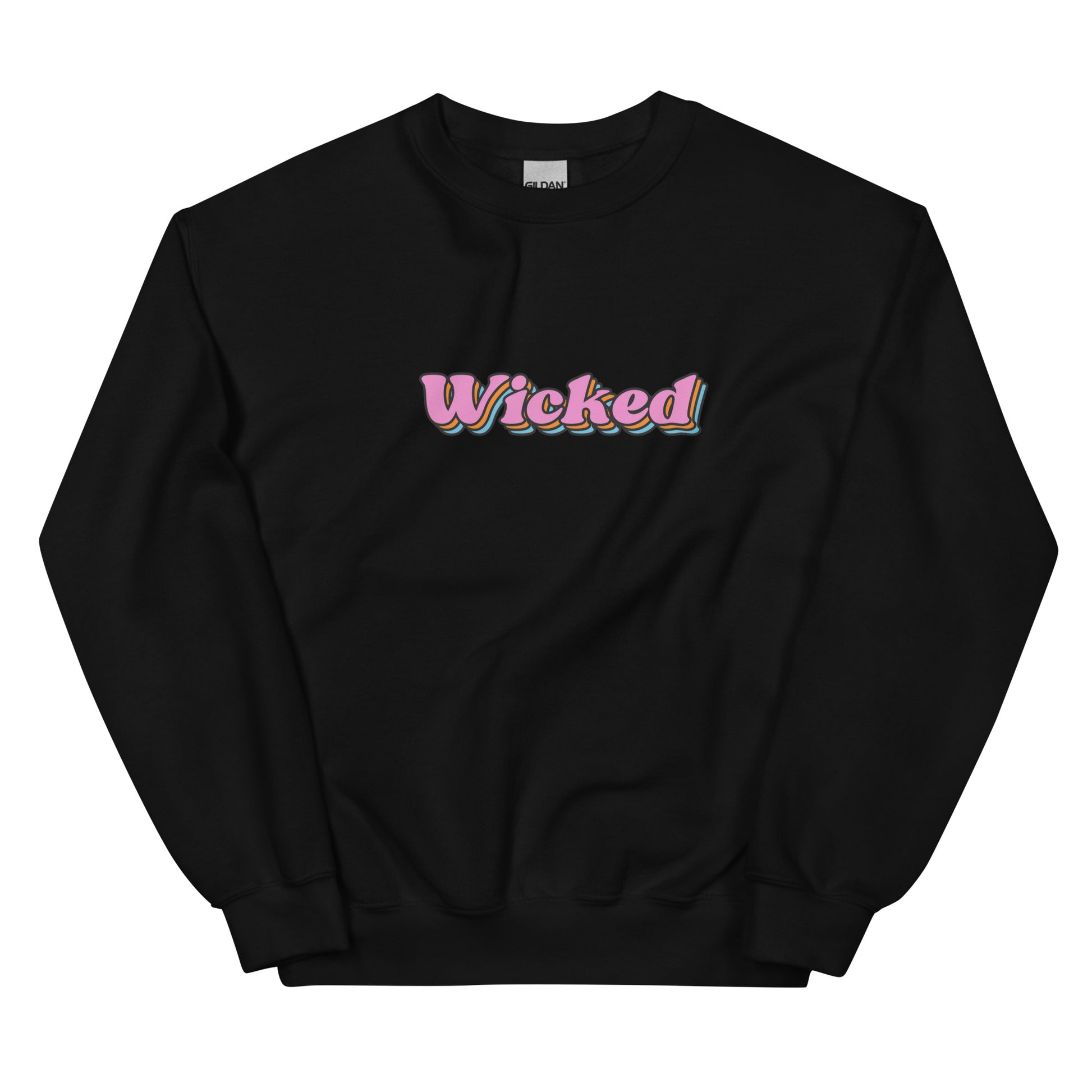 black crewneck that says "wicked" in pink lettering