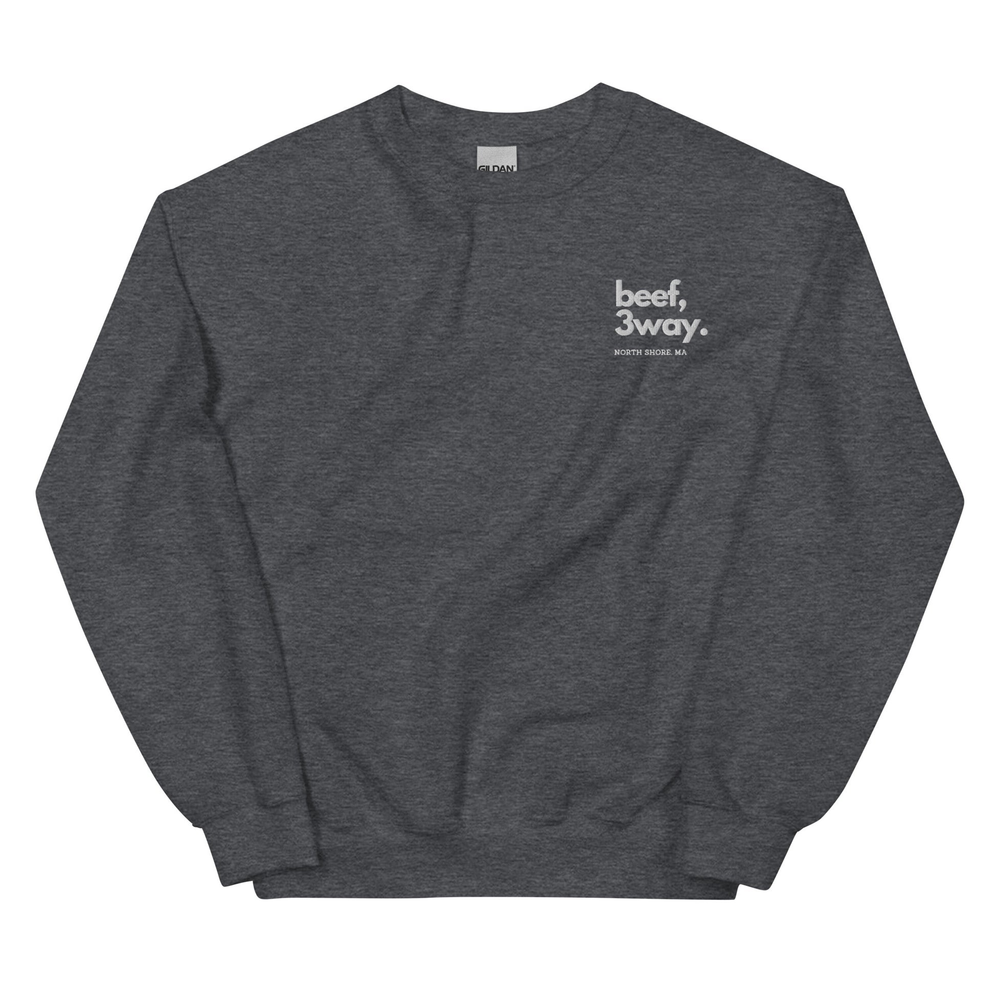 heather grey crewneck that says "beef, 3way north shore ma" in white lettering