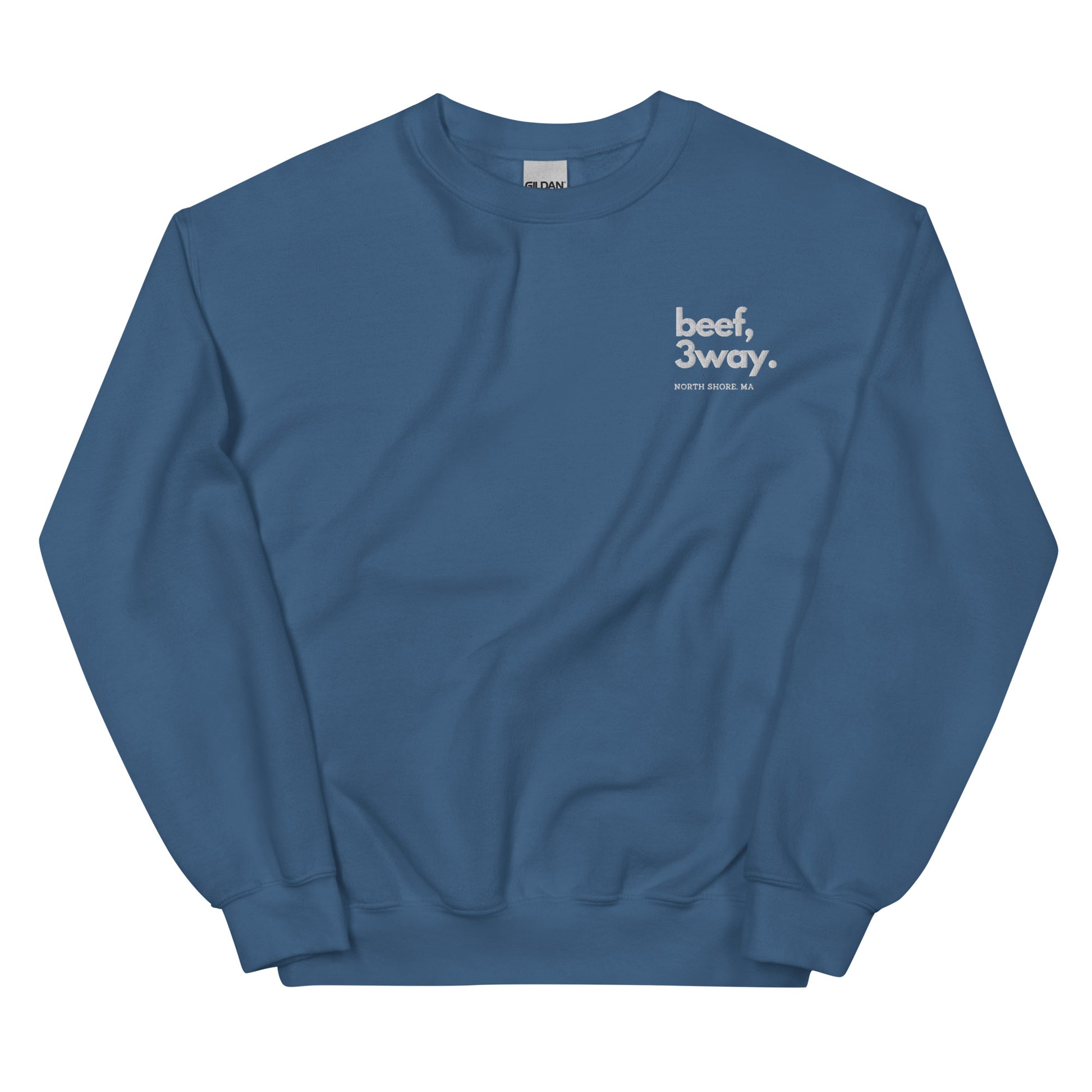 indigo crewneck that says "beef, 3way north shore ma" in white lettering