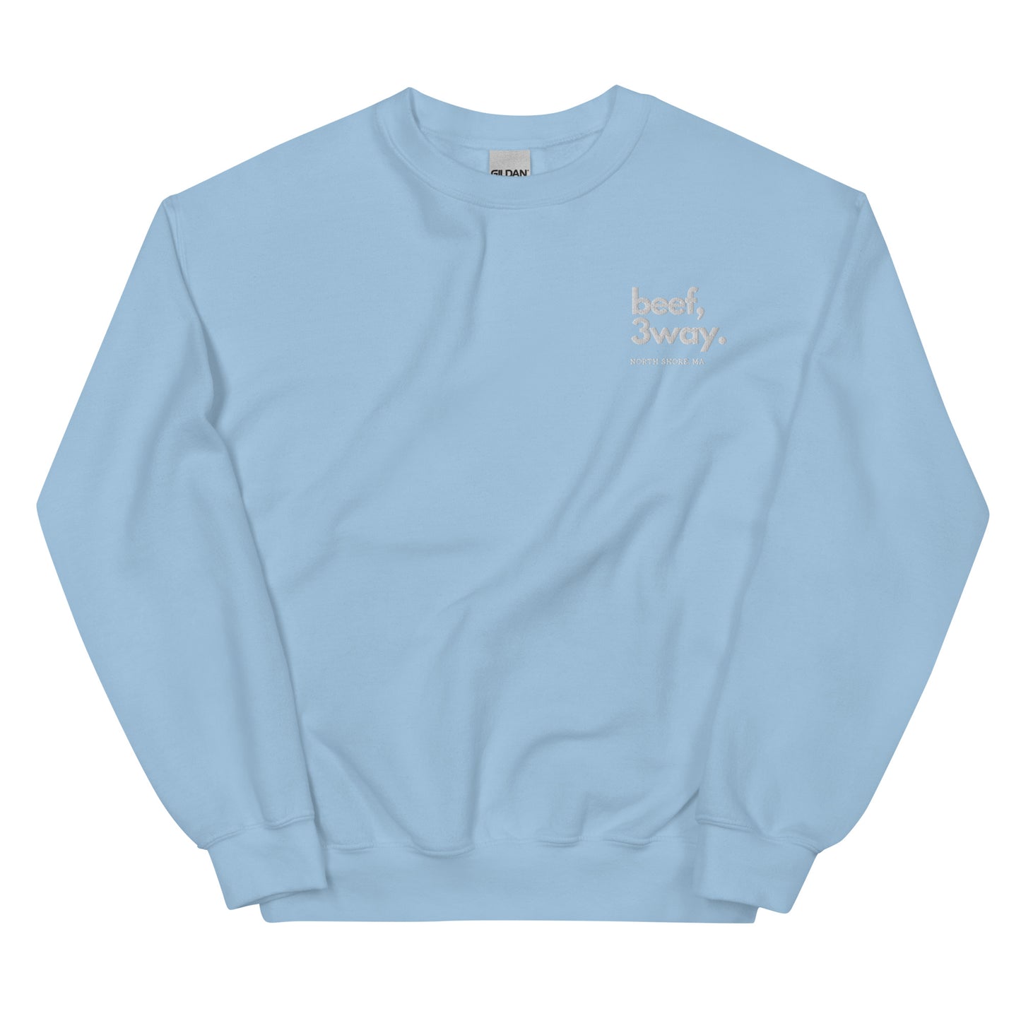 light blue crewneck that says "beef, 3way north shore ma" in white lettering