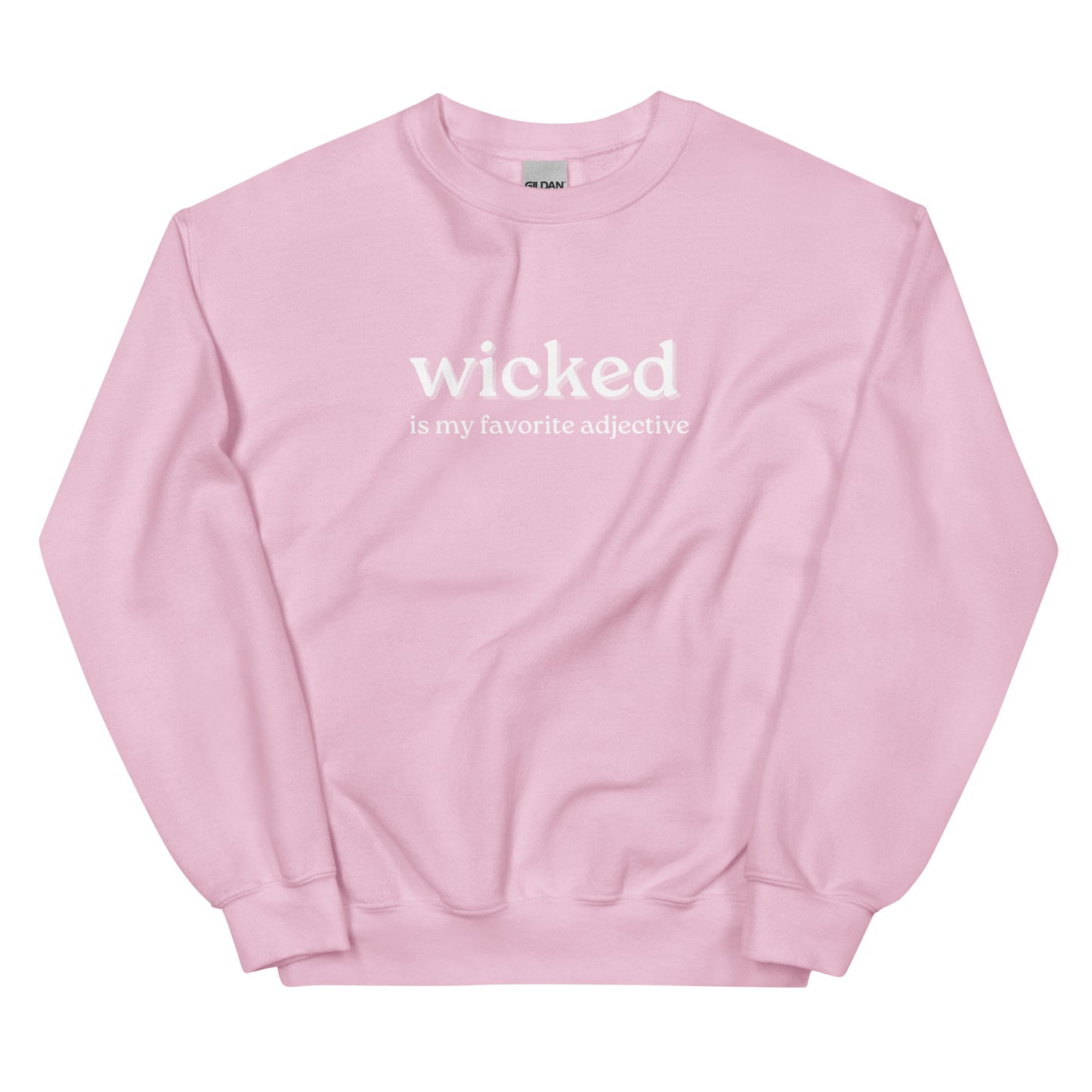 pink crewneck that says "wicked is my favorite adjective" in white lettering