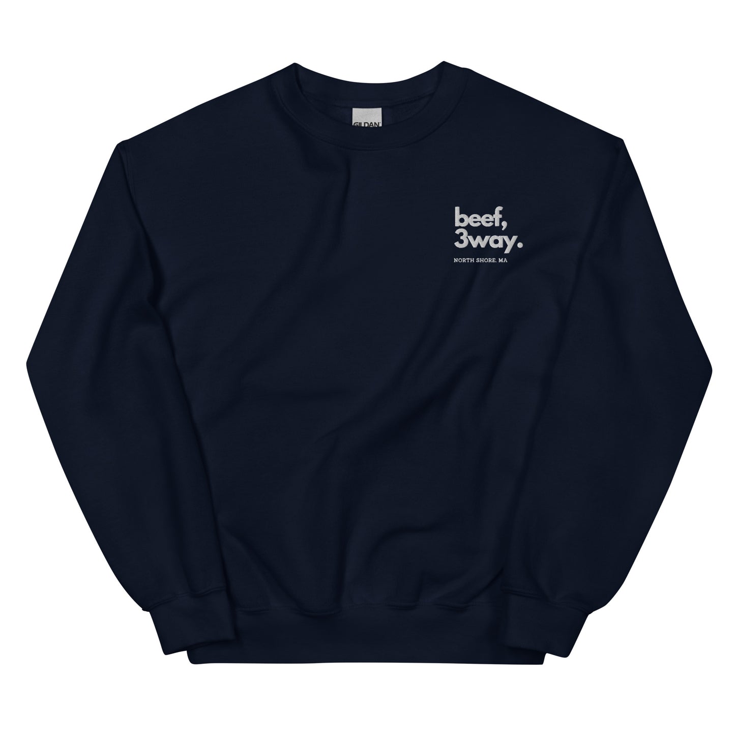 navy crewneck that says "beef, 3way north shore ma" in white lettering