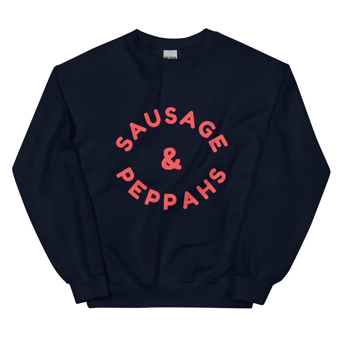 navy crewneck that says "sausage and peppahs" in red lettering