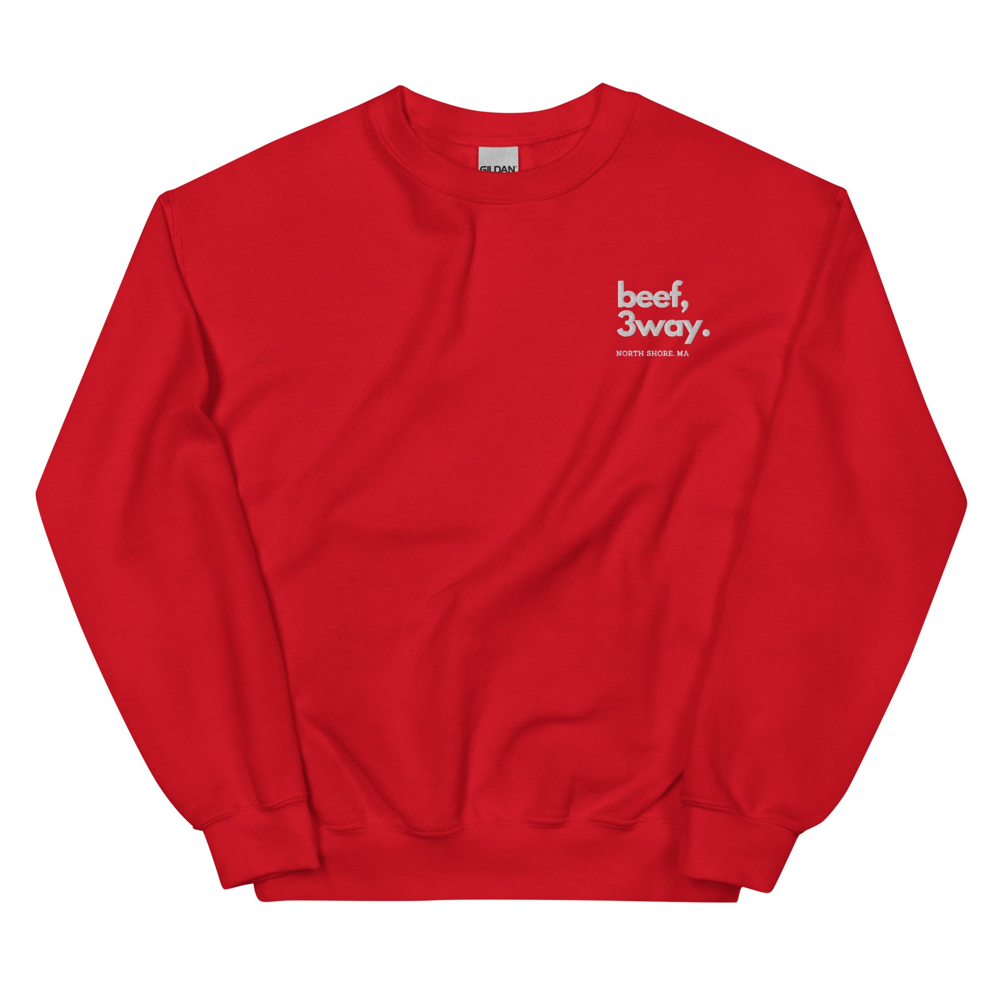 red crewneck that says "beef, 3way north shore ma" in white lettering