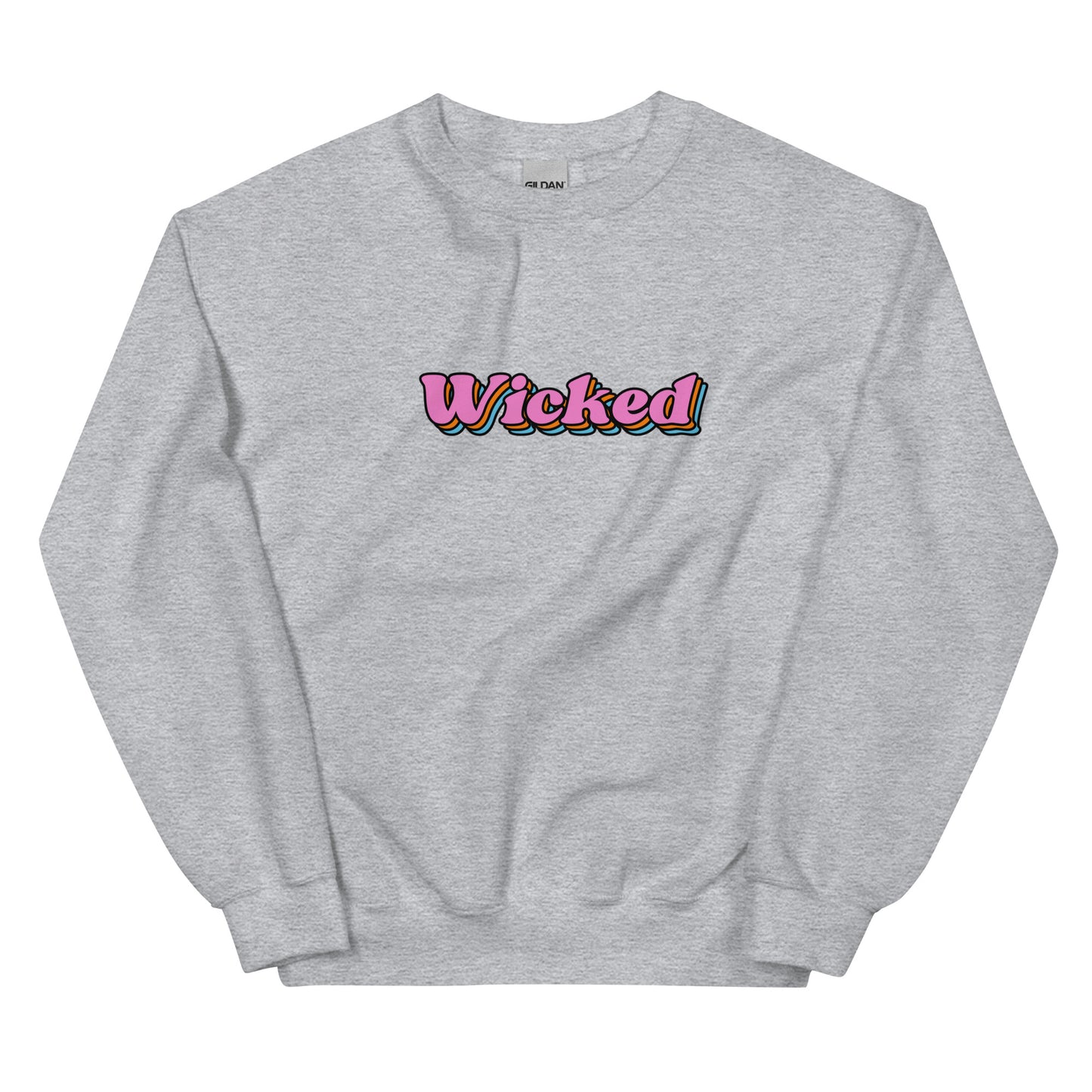 grey crewneck that says "wicked" in pink lettering