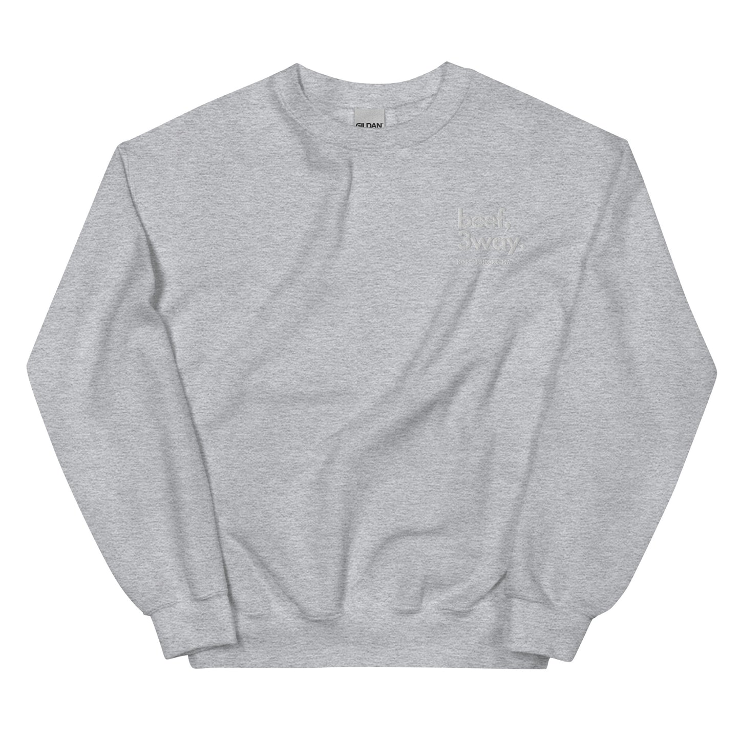 light grey crewneck that says "beef, 3way north shore ma" in white lettering