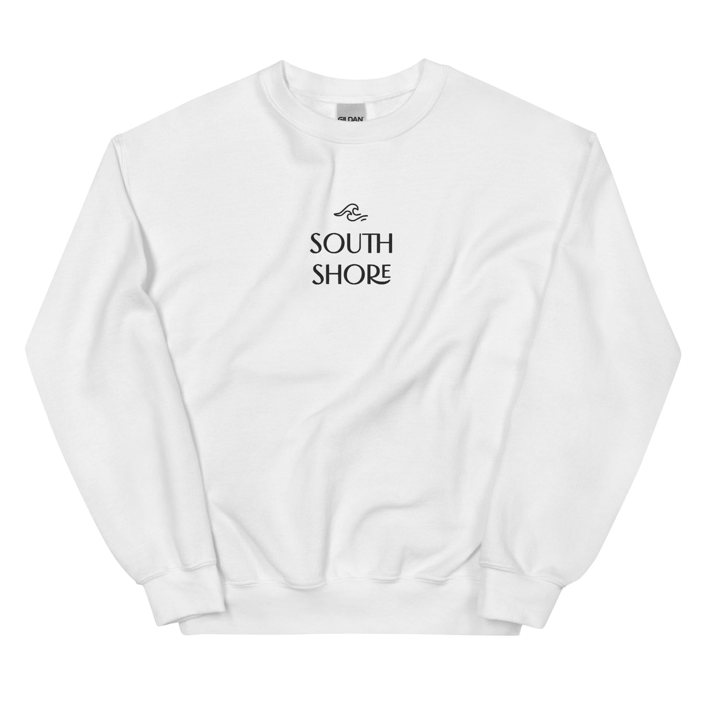 white crewneck that says "south shore" in black lettering with wave graphic