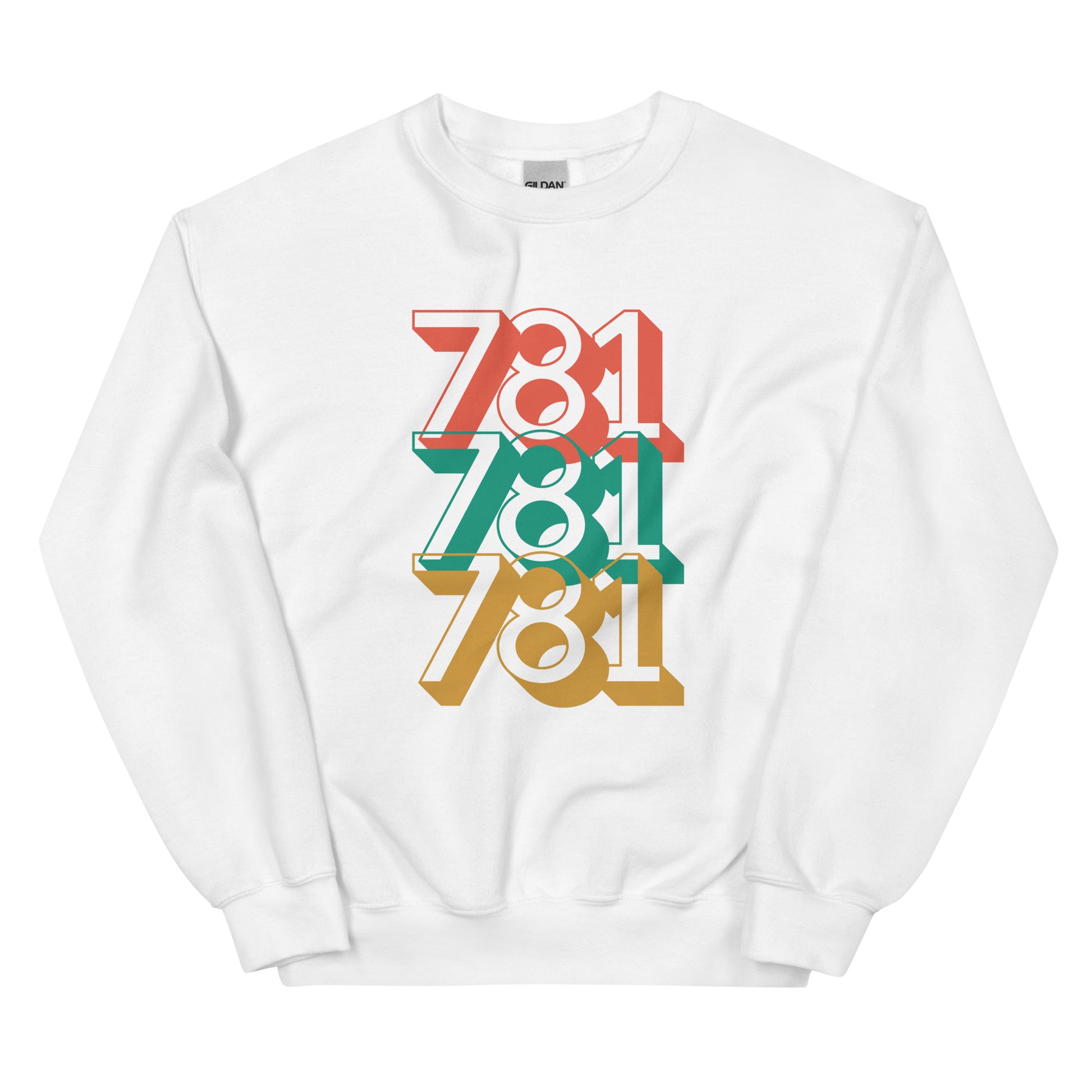 white crewneck with three 781s in red green and yellow
