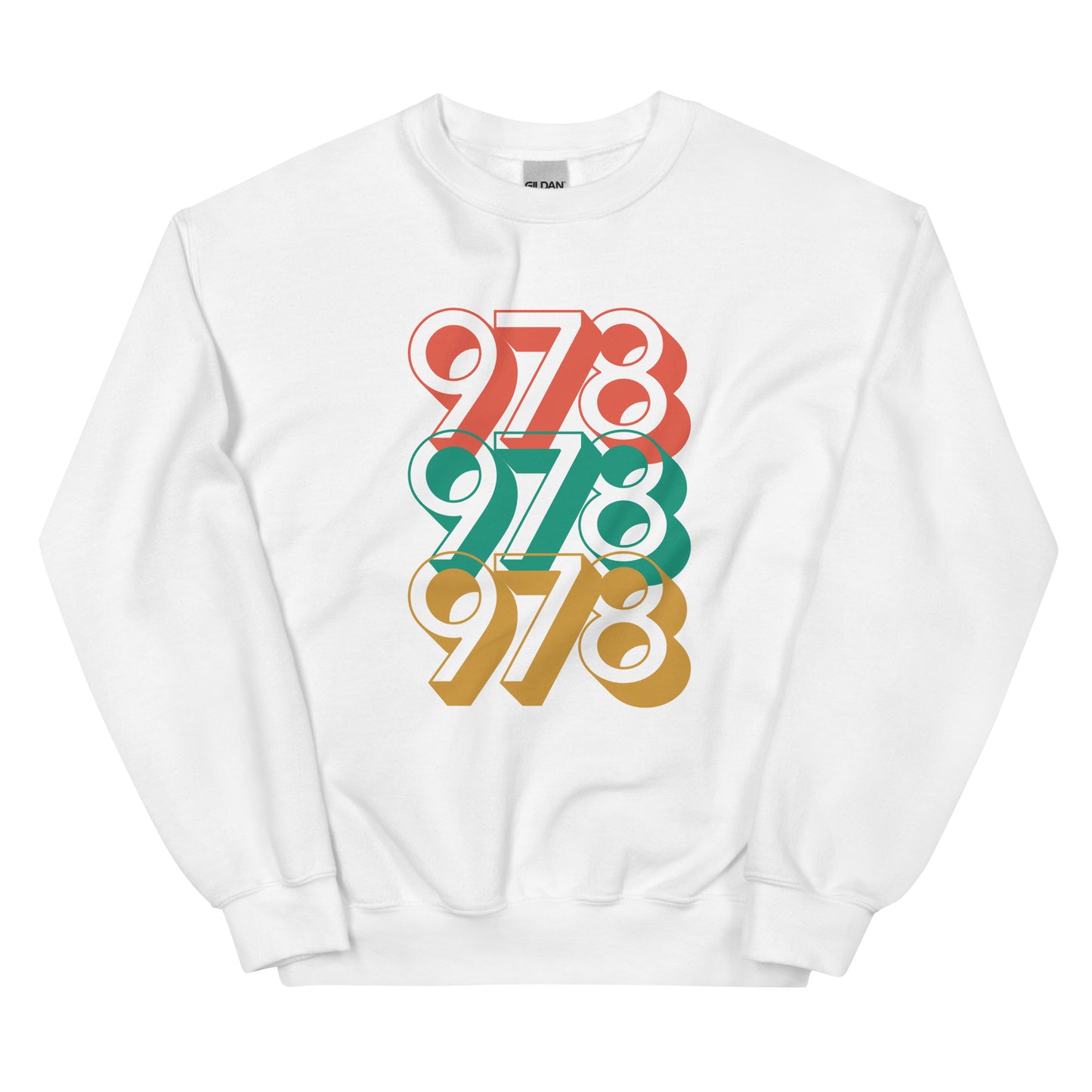 white crewneck with three 978s in red green and yellow