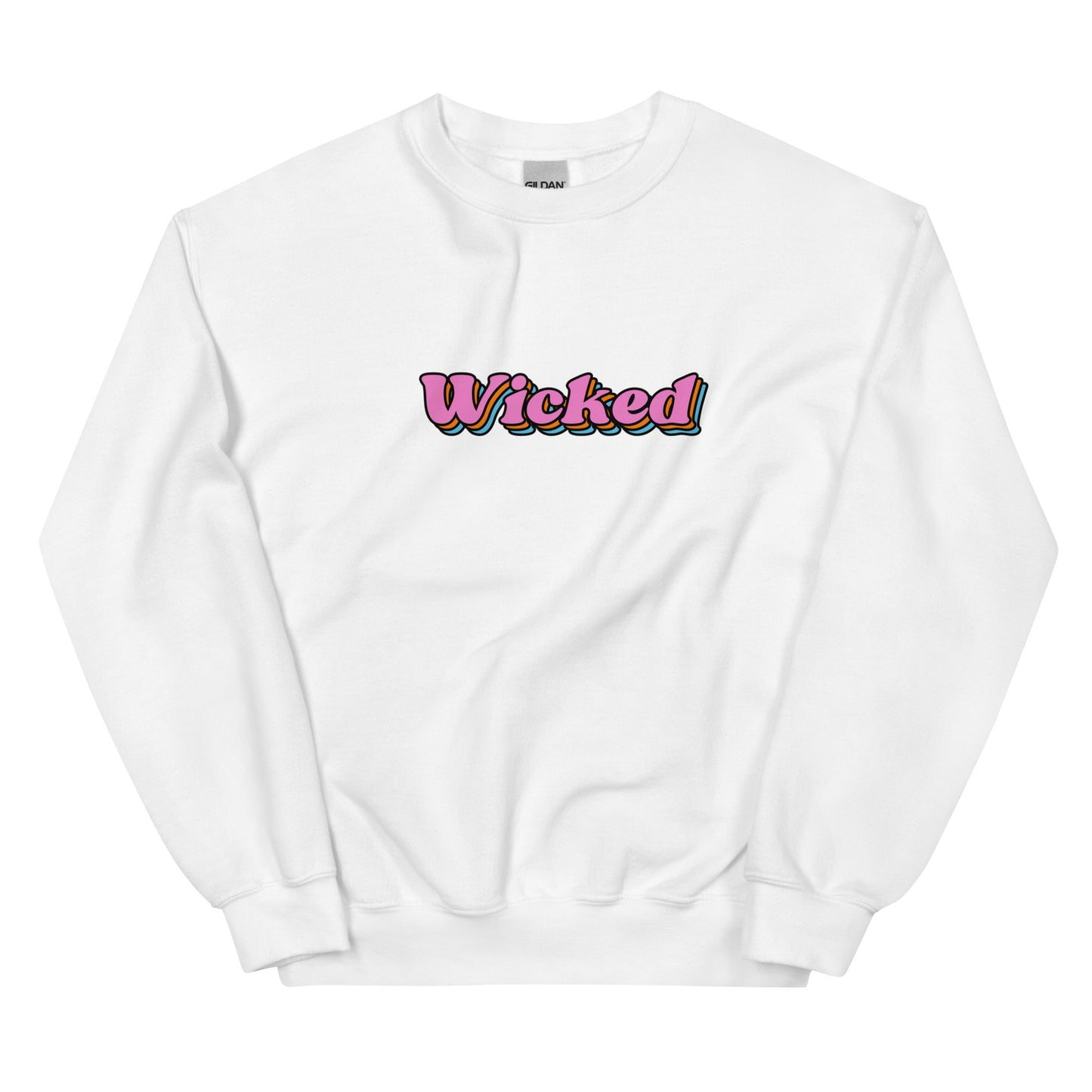 white crewneck that says "wicked" in pink lettering