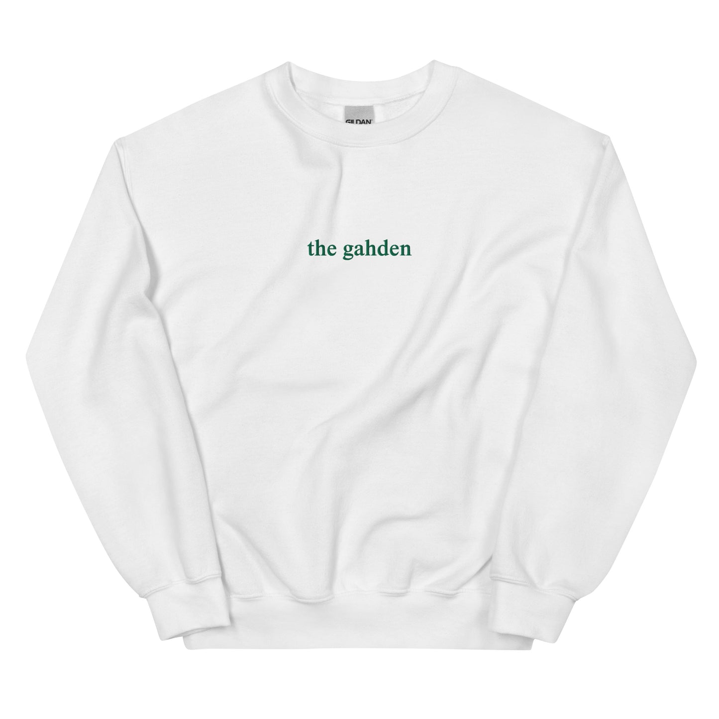 white crewneck that says "the gahden" in green lettering