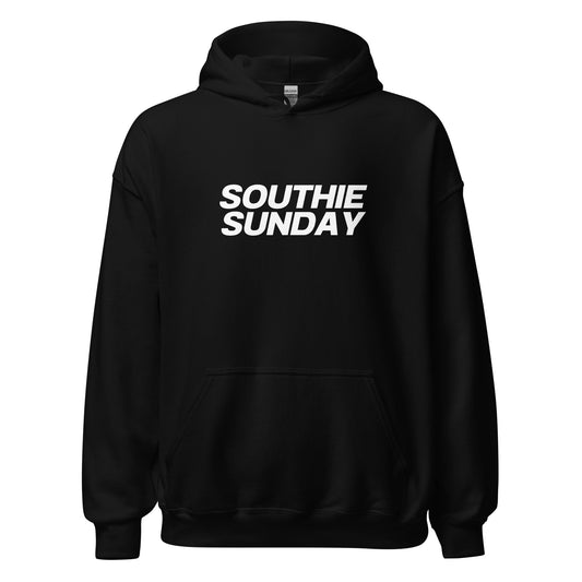 black hoodie that says "southie sunday" in white lettering