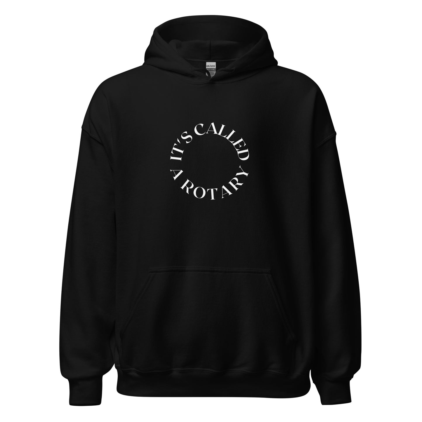 black hoodie that saying "it's called a rotary" in white lettering shaped in a circle