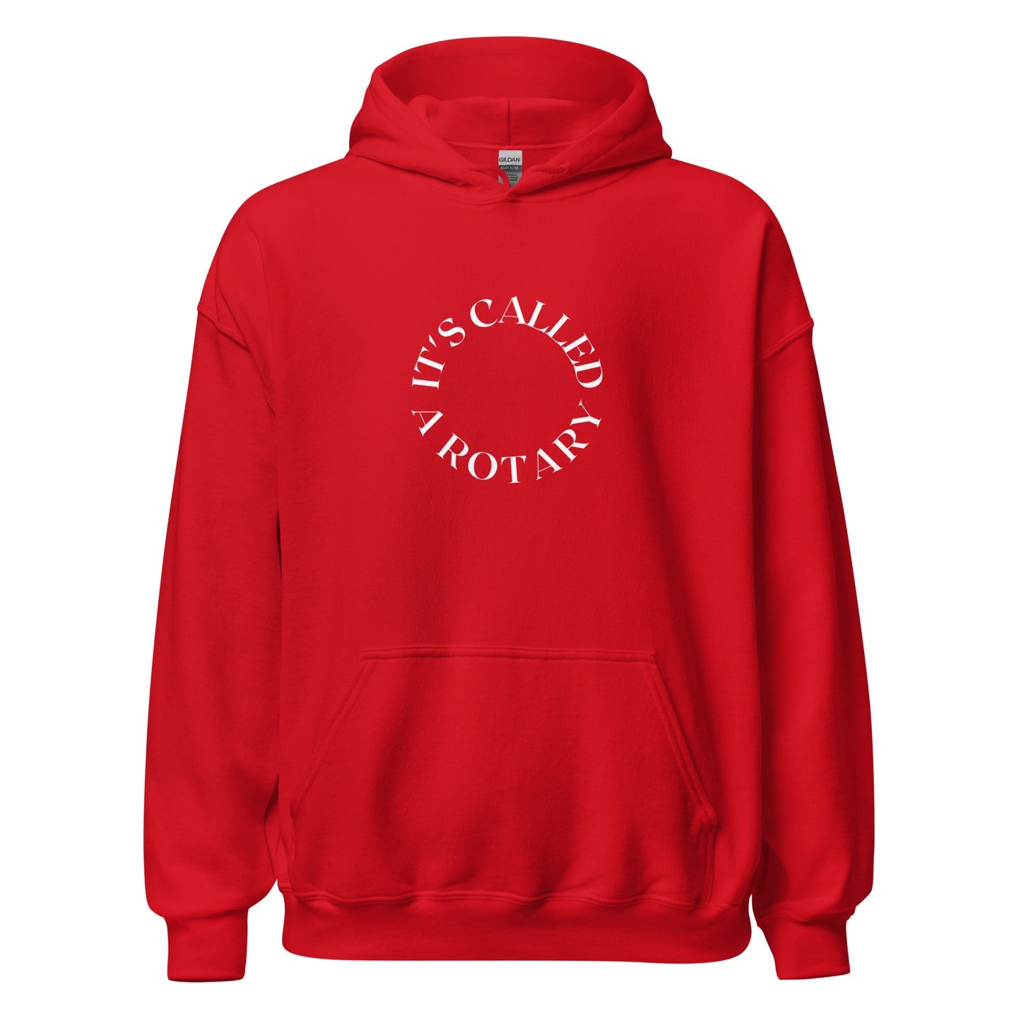 red hoodie that saying "it's called a rotary" in white lettering shaped in a circle