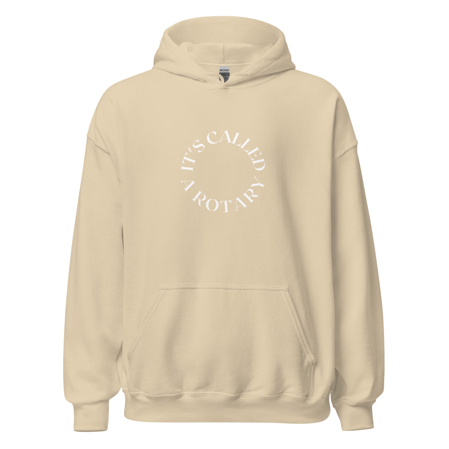 tan hoodie that saying "it's called a rotary" in white lettering shaped in a circle