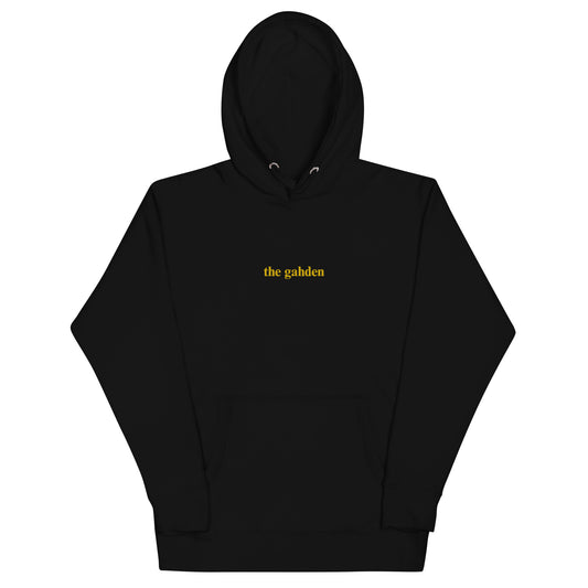 black hoodie that says "the gahden" in gold embroidery